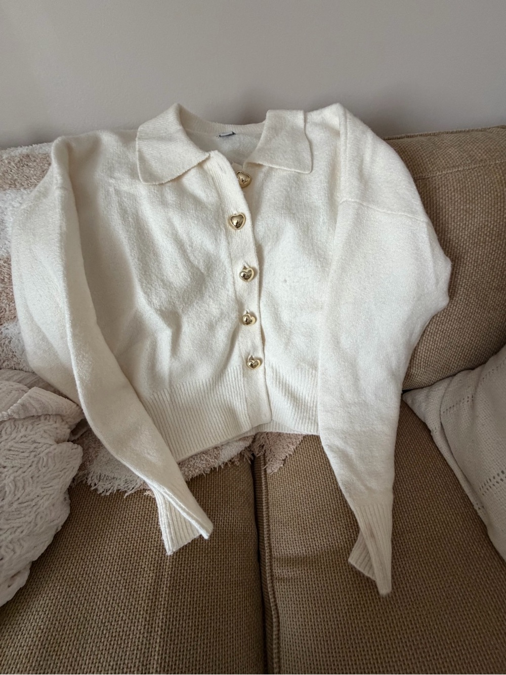a new day Cream Collared Cardigan with Heart Buttons